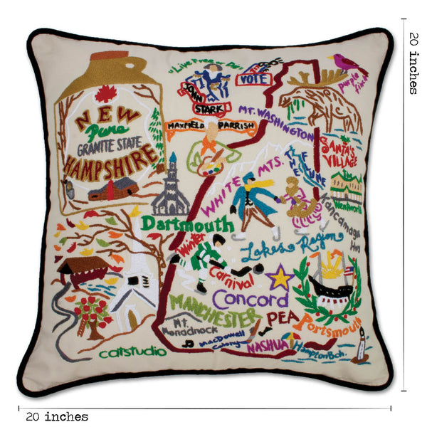 New Hampshire Hand-Embroidered Pillow -  This original design celebrates the State of New Hampshire - from Nashua to Dartmouth to Mt. Washington to Portsmouth!