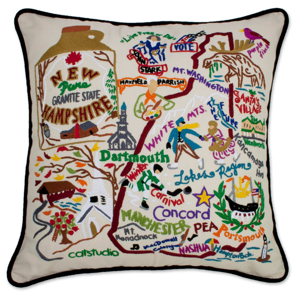 New Hampshire Hand-Embroidered Pillow -  This original design celebrates the State of New Hampshire - from Nashua to Dartmouth to Mt. Washington to Portsmouth!