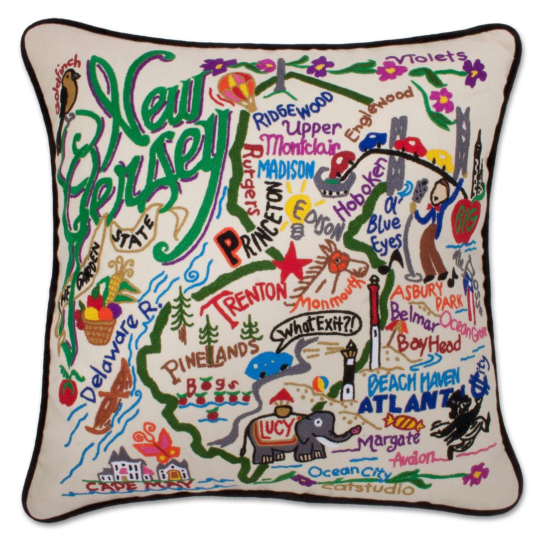 New Jersey Hand-Embroidered Pillow -  The Garden State! This original design celebrates the beauty of New Jersey from Cape May to the Delaware Gap to Princeton to Hoboken to the 5-story-tall Lucy the Elephant!