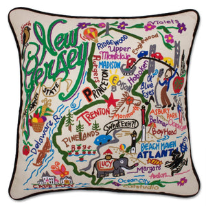New Jersey Hand-Embroidered Pillow -  The Garden State! This original design celebrates the beauty of New Jersey from Cape May to the Delaware Gap to Princeton to Hoboken to the 5-story-tall Lucy the Elephant!