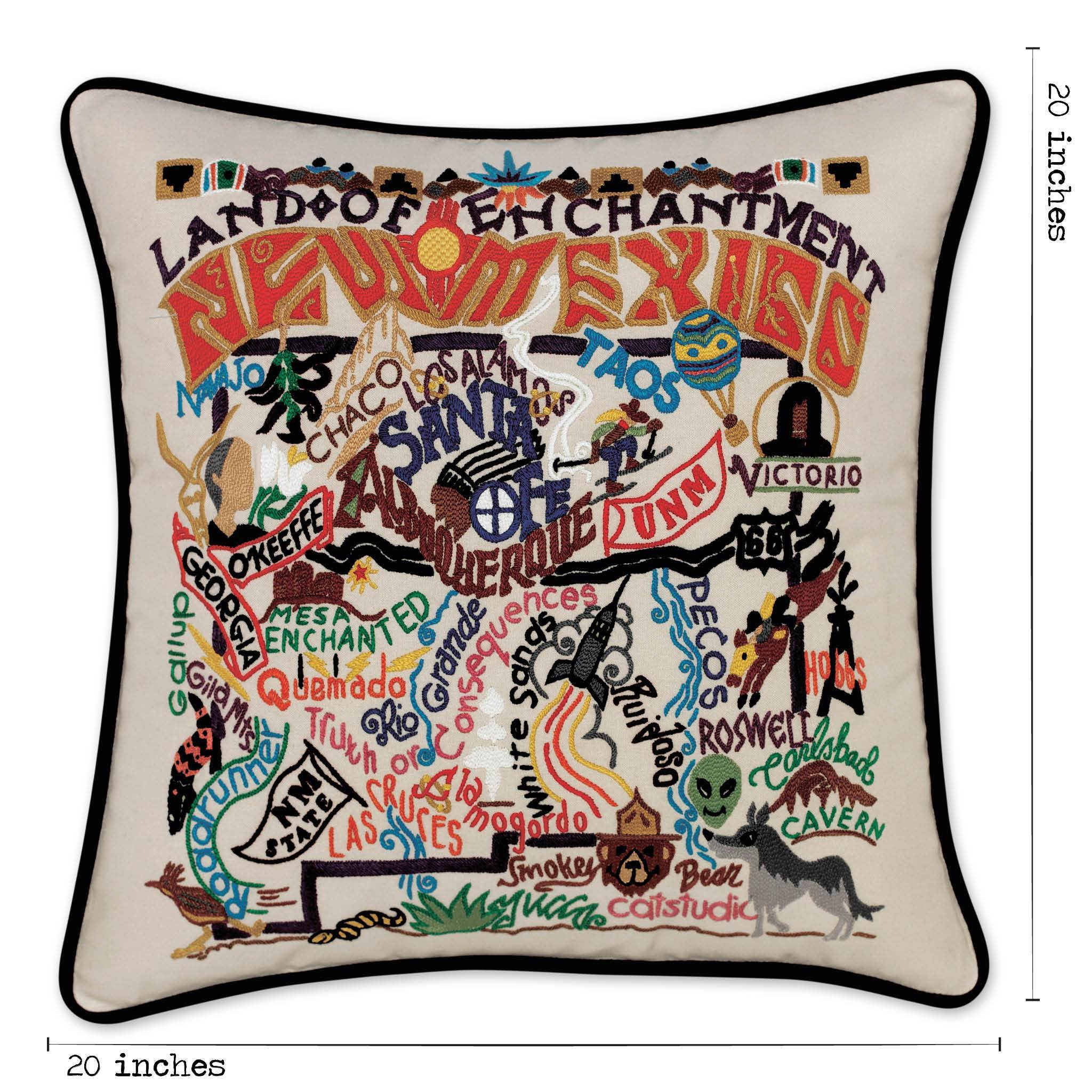 New Mexico Hand-Embroidered Pillow -  In beautiful detail this original design celebrates the State of New Mexico - from Carlsbad Caverns to White Sands to Gila Forrest to Anasazi to Mescalero - it truly is the LAND OF ENCHANTMENT!