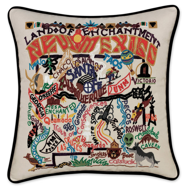 New Mexico Hand-Embroidered Pillow -  In beautiful detail this original design celebrates the State of New Mexico - from Carlsbad Caverns to White Sands to Gila Forrest to Anasazi to Mescalero - it truly is the LAND OF ENCHANTMENT!