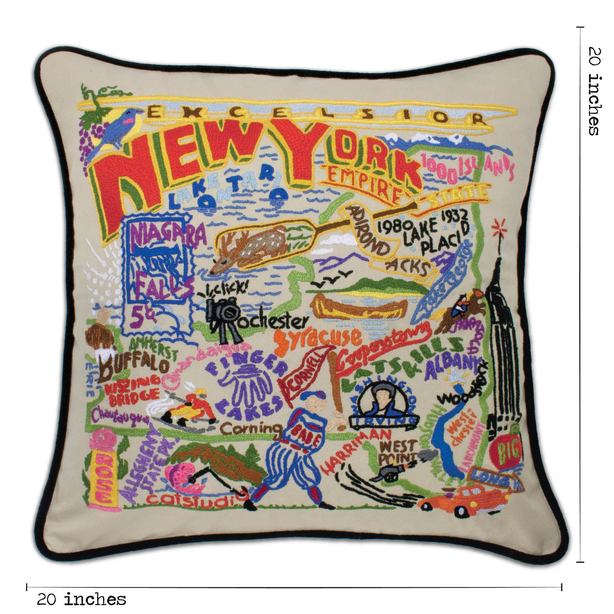 New York Hand-Embroidered Pillow -  This original design celebrates the State of New York - from Niagara Falls to the Adirondacks down the beautiful Hudson Valley to Woodstock and over to the Finger Lakes.