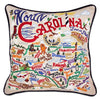 North Carolina Hand-Embroidered Pillow -  What a beautiful state! This original design celebrates the state of North Carolina—from Cape Fear to Asheville to Duck to Kitty Hawk, where man's first flight took place.