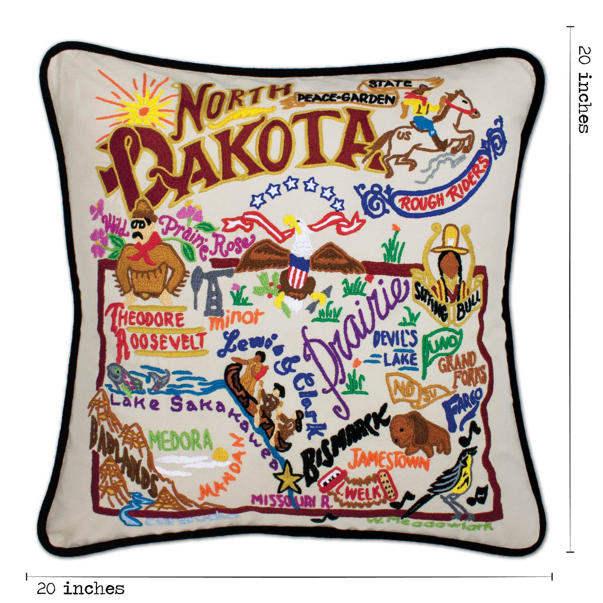 North Dakota Hand-Embroidered Pillow -  From the Badlands to the Prairie, Lewis & Clarke and the Rough Riders, this original design celebrates the State of North Dakota.