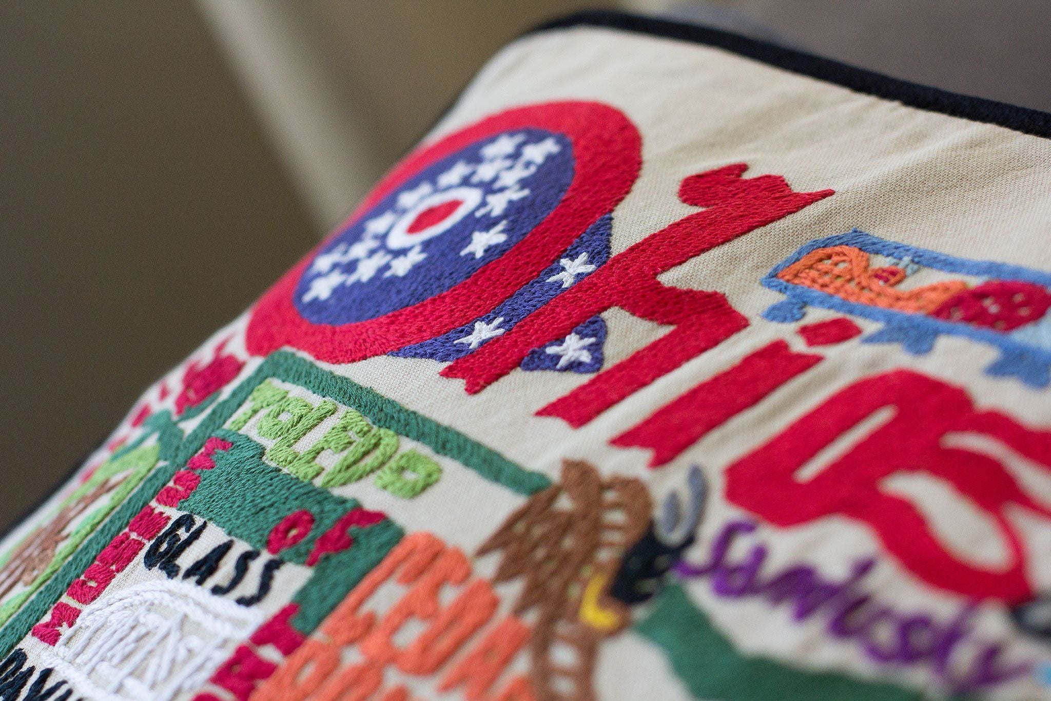 Ohio Hand-Embroidered Pillow -  From the Ohio River to Lake Erie - this original design celebrates the State of Ohio!