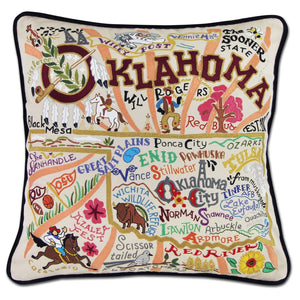 Oklahoma Hand-Embroidered Pillow -  Our favorite musical and this original design celebrates the state of Oklahoma. From Enid to Ardmore and the Arbuckle Mountains to Black Mesa, Oklahoma is more than OK!
