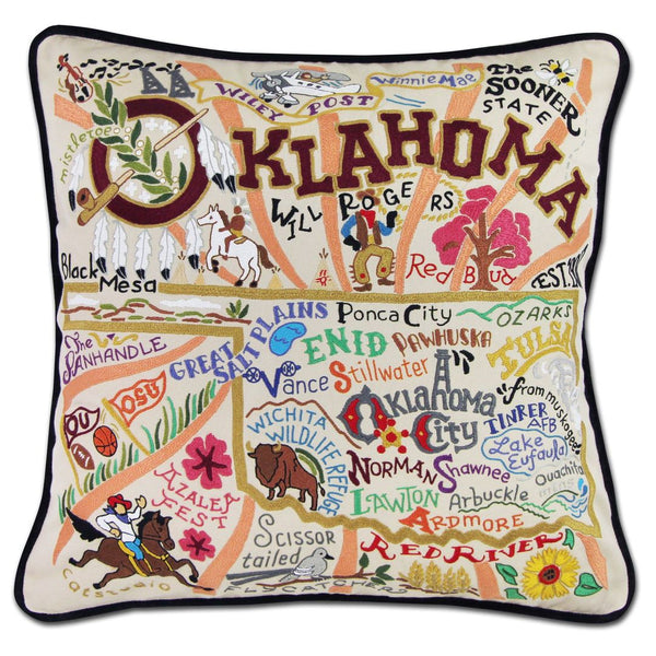 Oklahoma Hand-Embroidered Pillow -  Our favorite musical and this original design celebrates the state of Oklahoma. From Enid to Ardmore and the Arbuckle Mountains to Black Mesa, Oklahoma is more than OK!