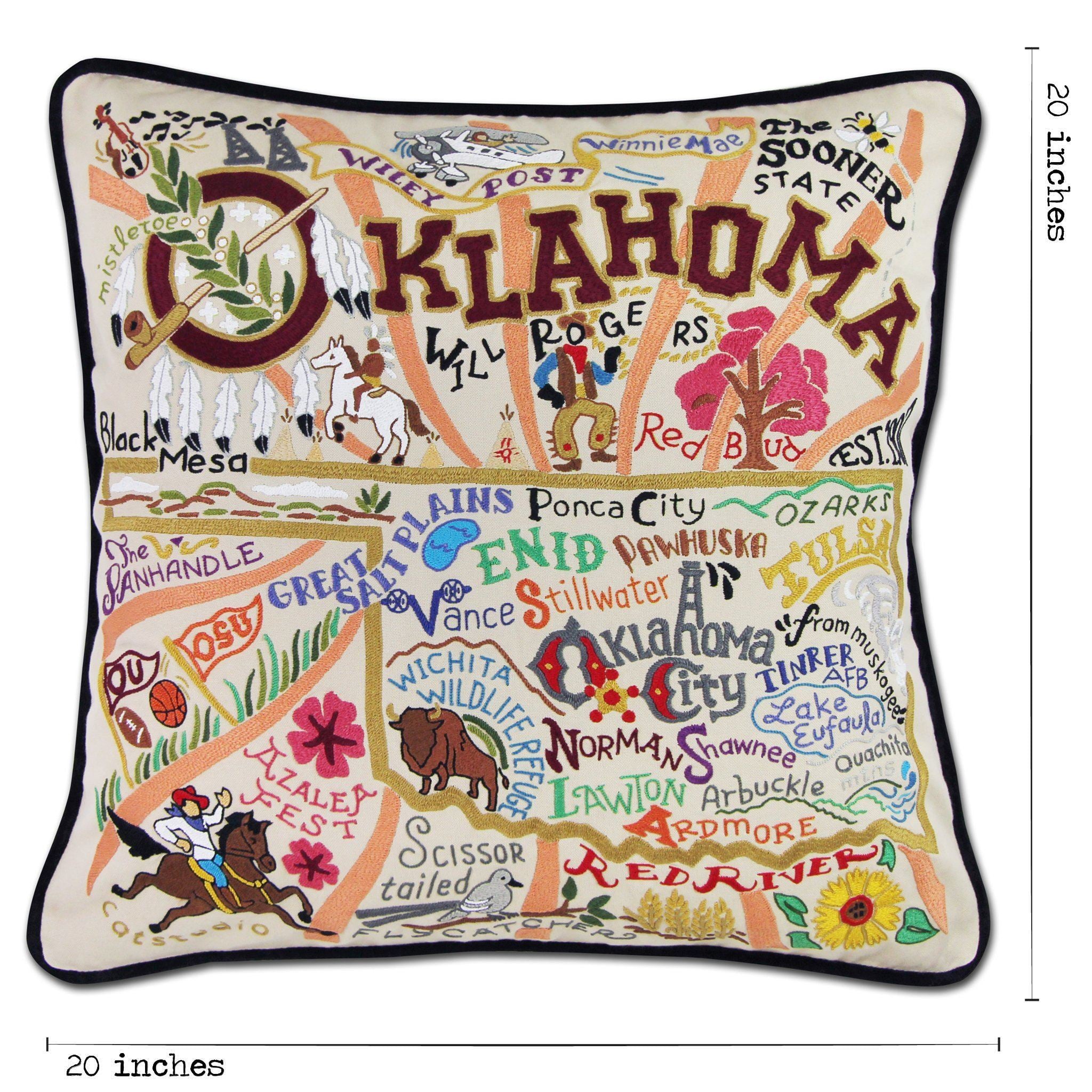 Oklahoma Hand-Embroidered Pillow -  Our favorite musical and this original design celebrates the state of Oklahoma. From Enid to Ardmore and the Arbuckle Mountains to Black Mesa, Oklahoma is more than OK!