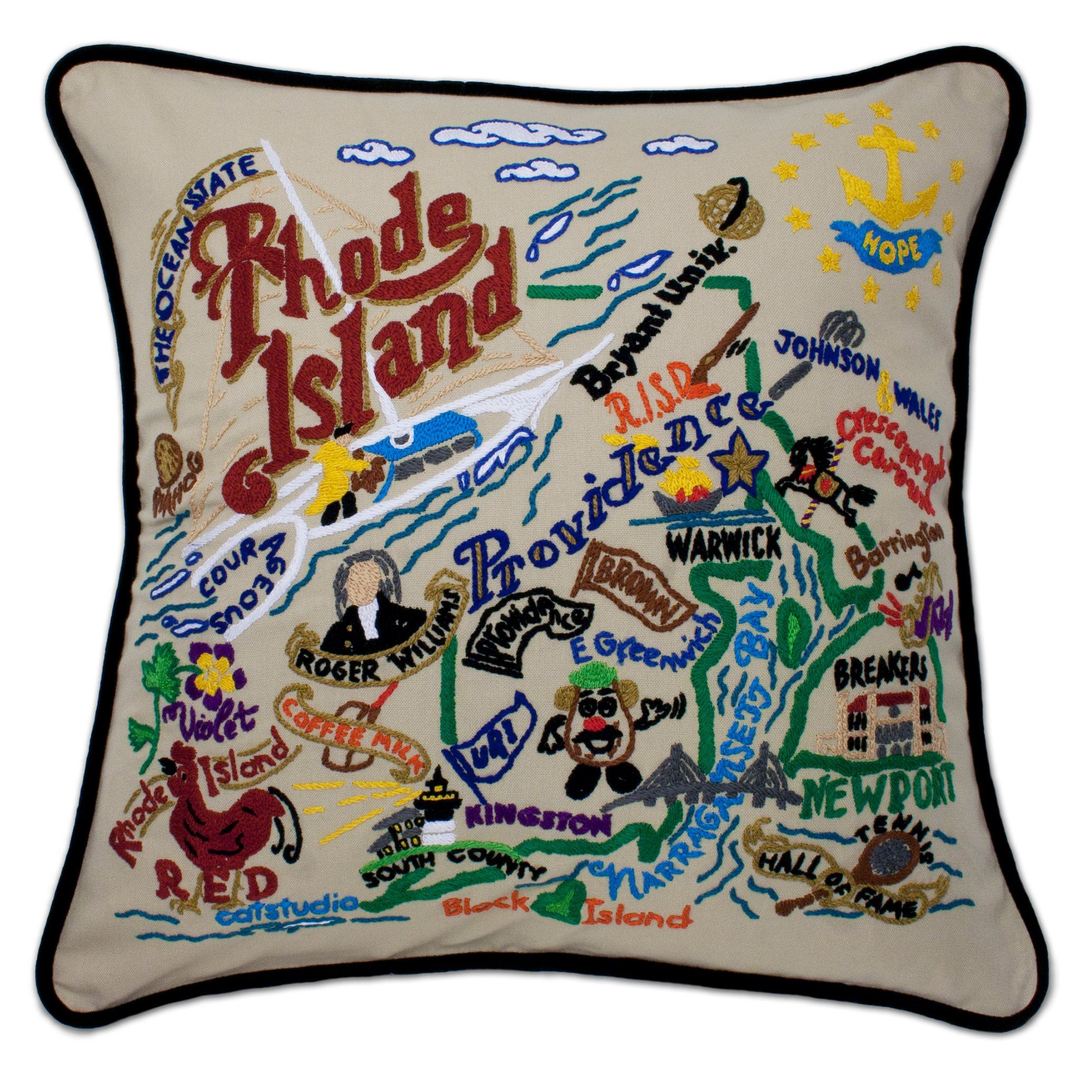 Rhode Island Hand-Embroidered Pillow -  The Ocean State, this original design celebrates the State of Rhode Island.