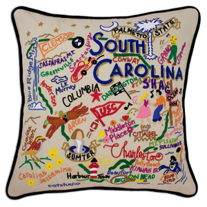 South Carolina Hand-Embroidered Pillow -  From the Atlantic Ocean to Sassafras Mountain - this original design celebrates the great State of South Carolina!