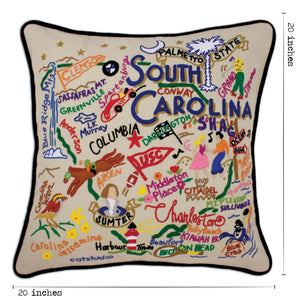 South Carolina Hand-Embroidered Pillow -  From the Atlantic Ocean to Sassafras Mountain - this original design celebrates the great State of South Carolina!