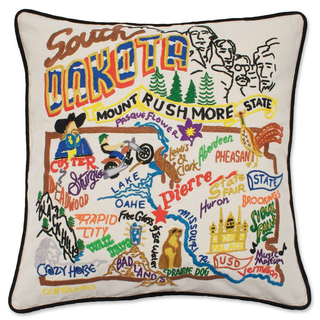 South Dakota Hand-Embroidered Pillow -  Mount Rushmore State! This original design celebrates the State of South Dakota.