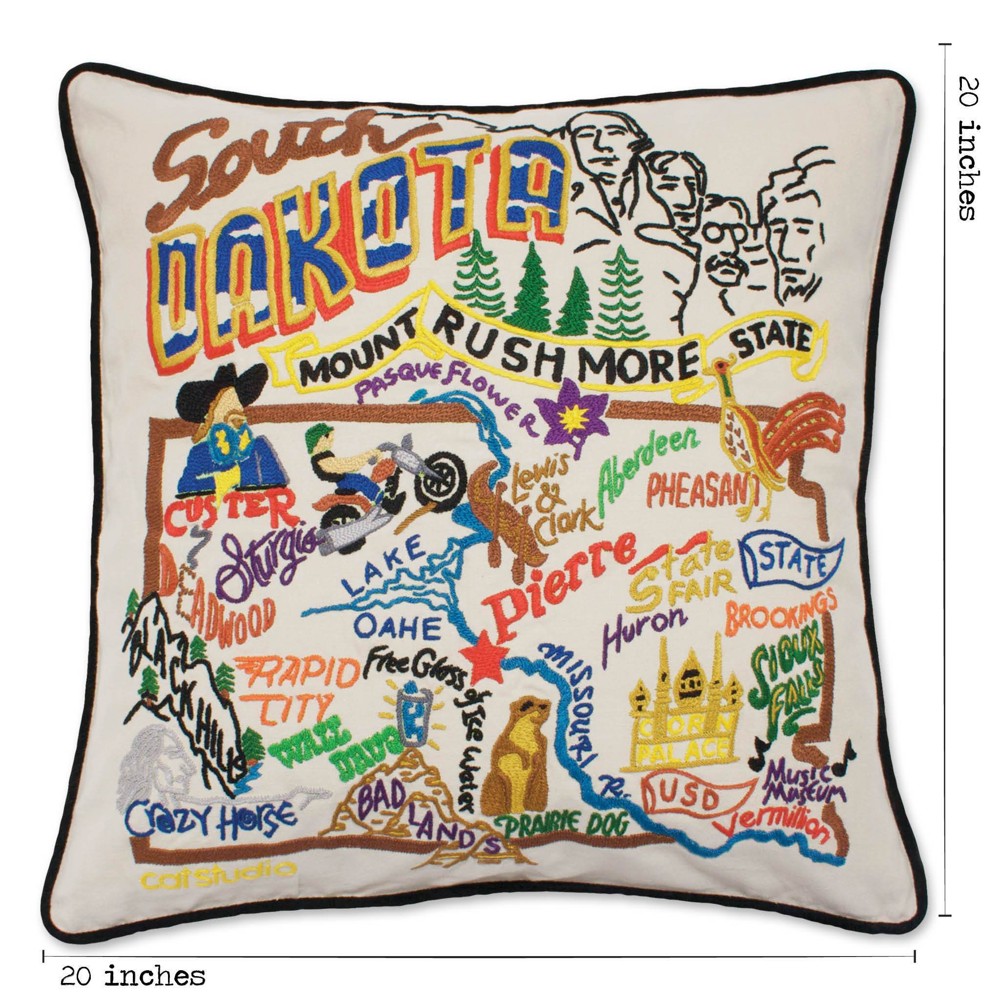 South Dakota Hand-Embroidered Pillow -  Mount Rushmore State! This original design celebrates the State of South Dakota.