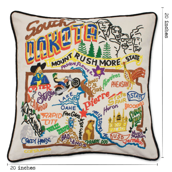 South Dakota Hand-Embroidered Pillow -  Mount Rushmore State! This original design celebrates the State of South Dakota.