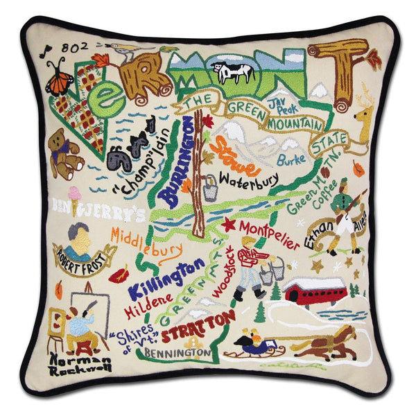 Vermont Hand-Embroidered Pillow -  This original design celebrates the Green Mountain State - Vermont!