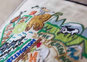 Vermont Hand-Embroidered Pillow -  This original design celebrates the Green Mountain State - Vermont!