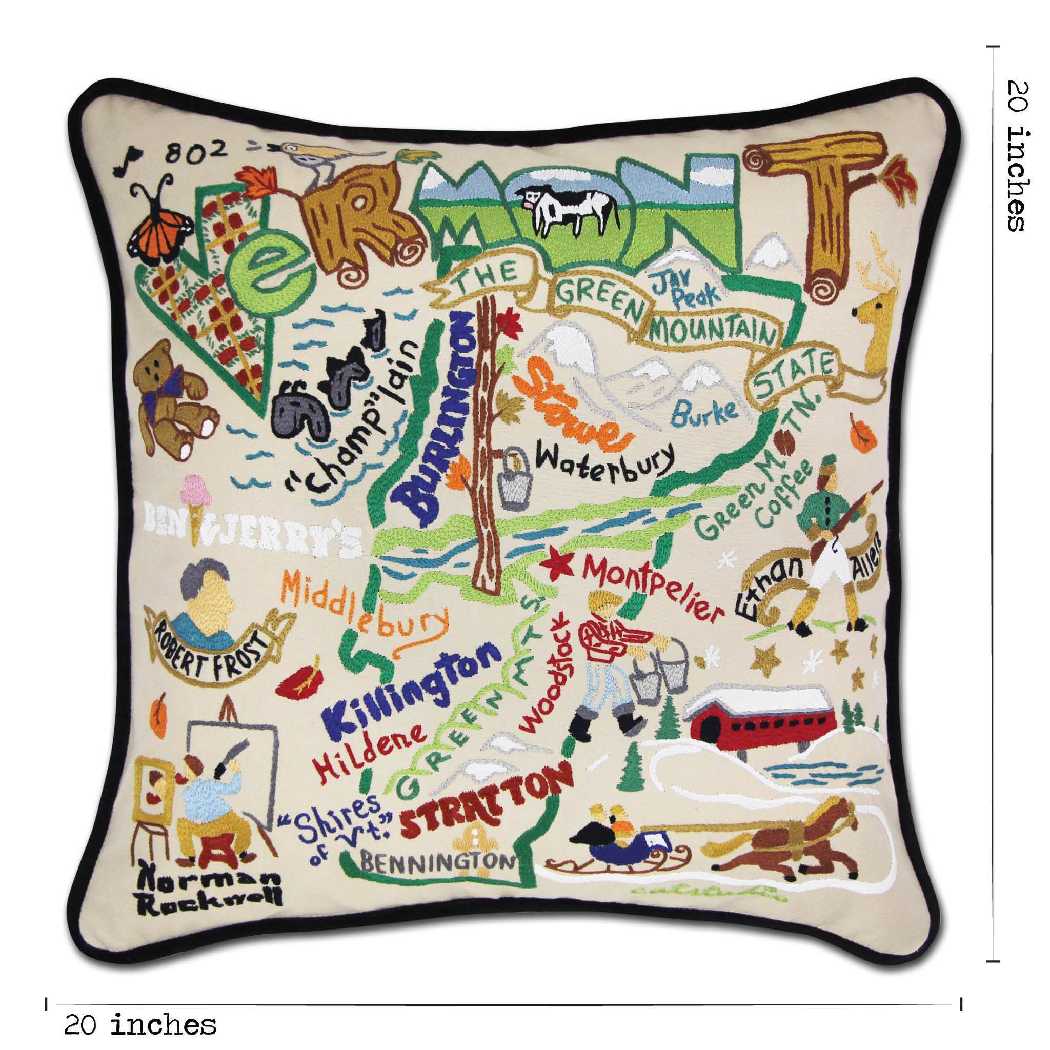 Vermont Hand-Embroidered Pillow -  This original design celebrates the Green Mountain State - Vermont!