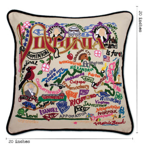 Virginia Hand-Embroidered Pillow -  From the Blue Ridge Mountains to the Atlantic Ocean, this original design celebrates the beauty and history of the state of Virginia.