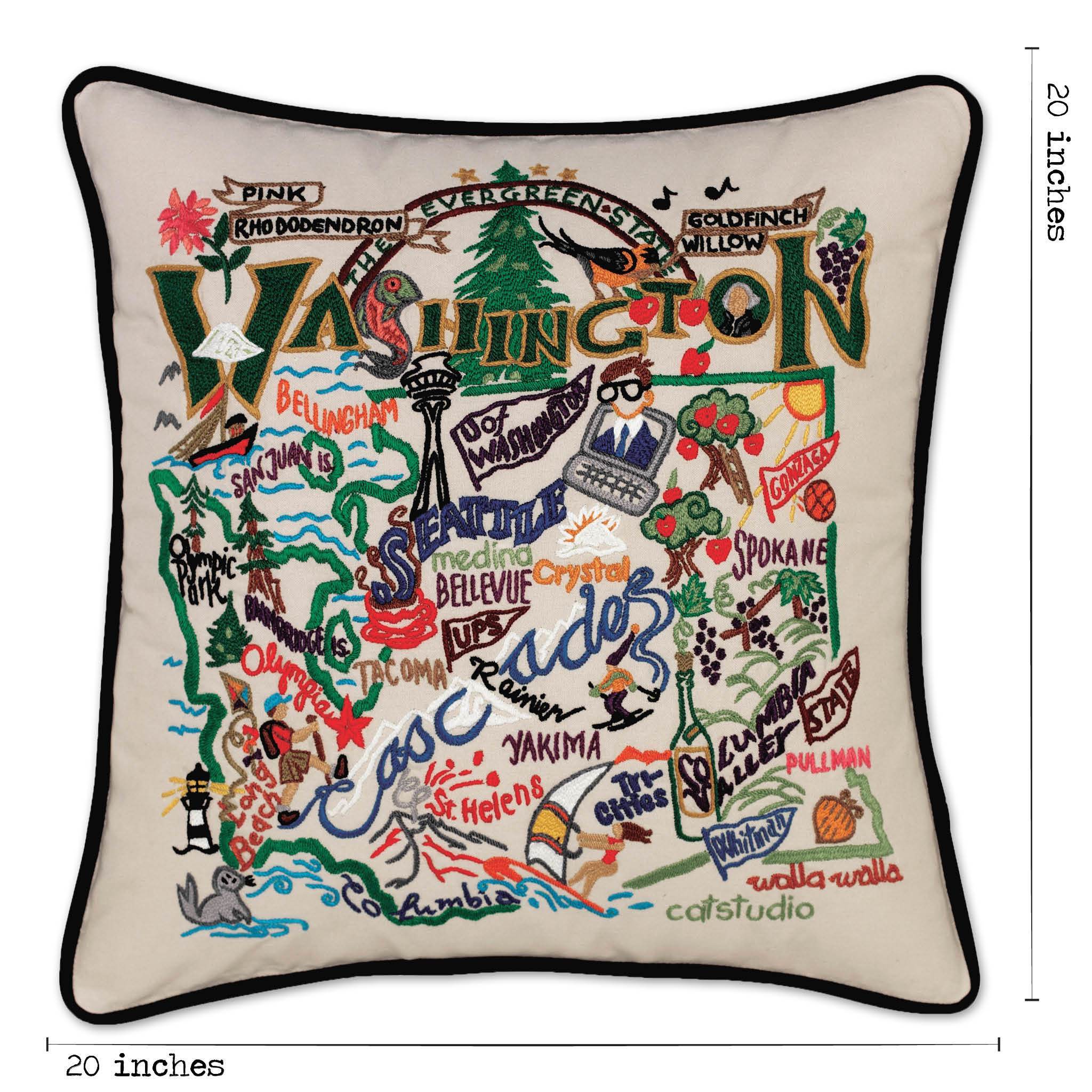 Washington Hand-Embroidered Pillow -  This original design celebrates the  Apple Capital of the World - Washington!