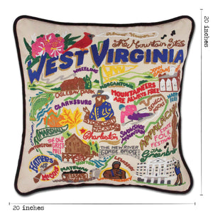 West Virginia Hand-Embroidered Pillow -  Mountaineers are always free! This original design celebrates the State of West Virginia!