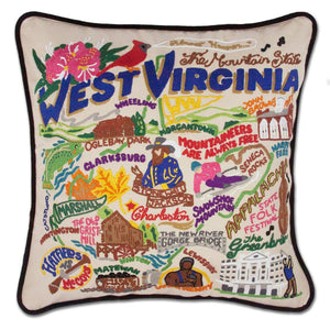 West Virginia Hand-Embroidered Pillow -  Mountaineers are always free! This original design celebrates the State of West Virginia!