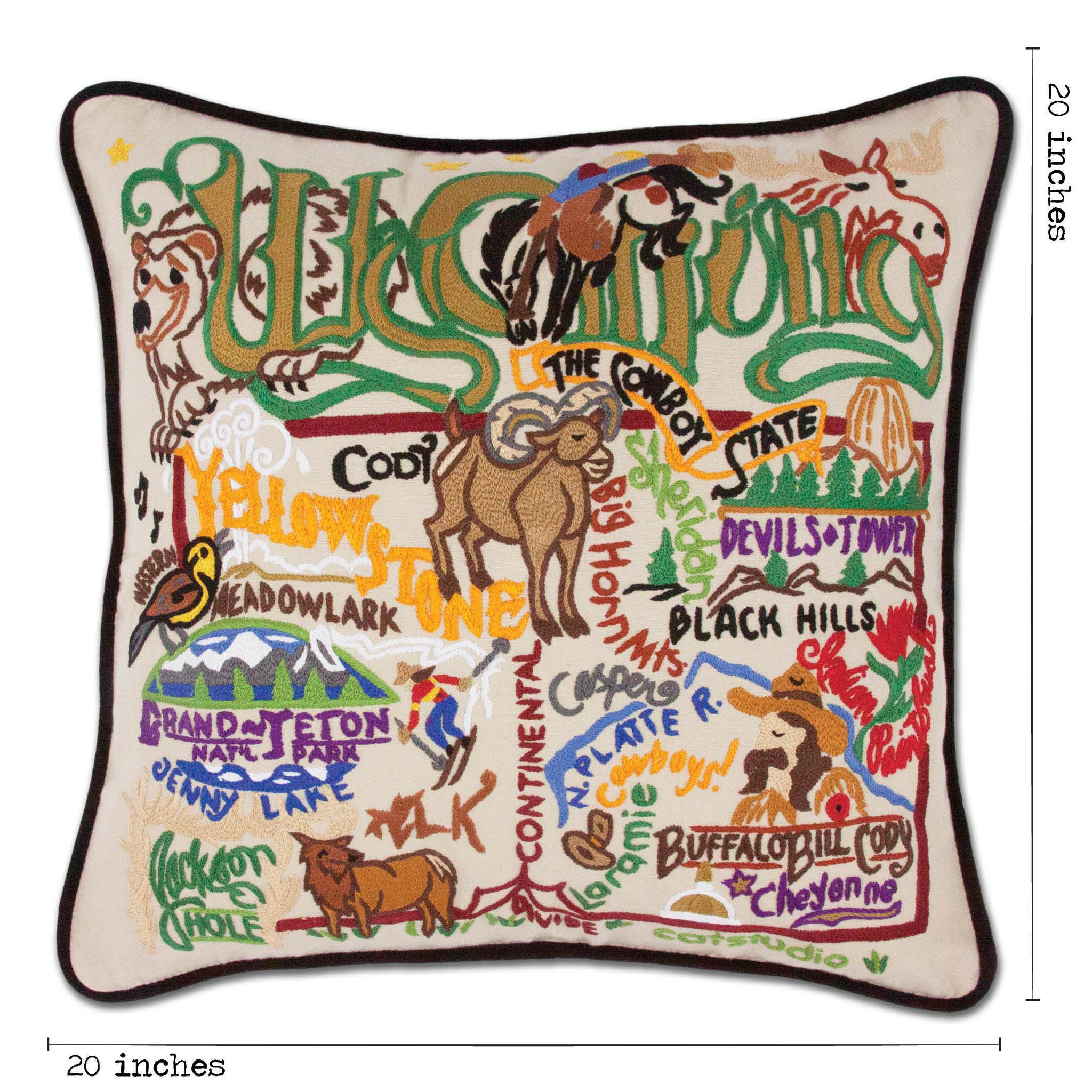 Wyoming Hand-Embroidered Pillow -  The Cowboy State! This original design celebrates the State of Wyoming. Terrell, one of catstudio's owners, has a great uncle who was the sheriff of Jackson Hole in the 50's!