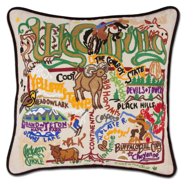 Wyoming Hand-Embroidered Pillow -  The Cowboy State! This original design celebrates the State of Wyoming. Terrell, one of catstudio's owners, has a great uncle who was the sheriff of Jackson Hole in the 50's!